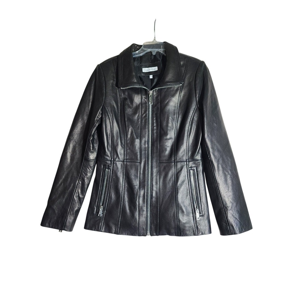 Black Zip Moto Biker Coat Pockets Calvin Klein XS Genuine Real Leather Jacket